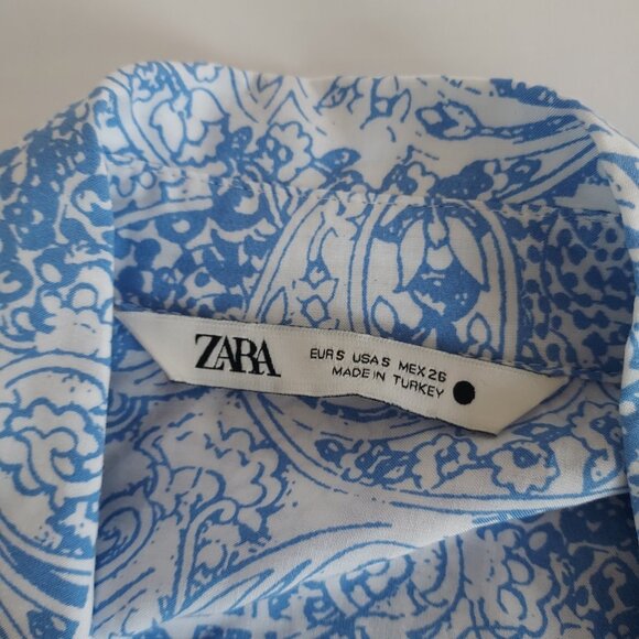 Zara Paisley Blue Button Down Long Sleeve Blouse Size Small - Picture 4 of 8